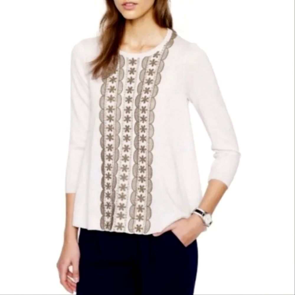 J. CREW Womens M Beige Embroidered Sweater 100% Merino Wool Side Flare
